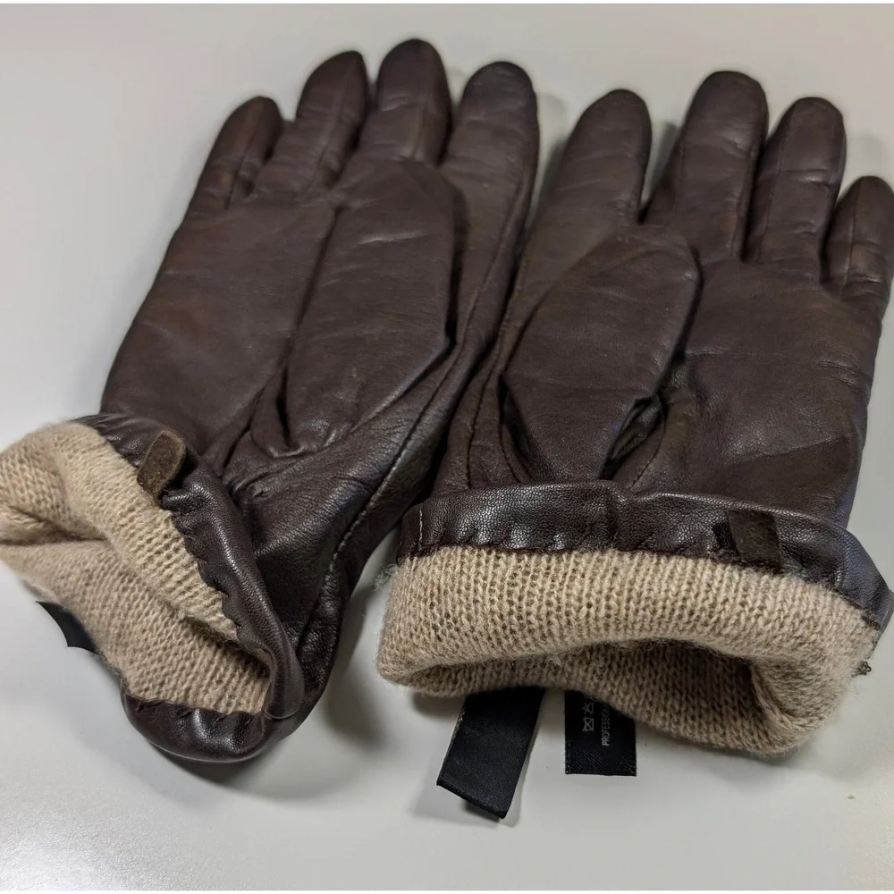 Milli‎ Smith Brown Leather Cashmere Lined Studded Gloves Womens Size Small S